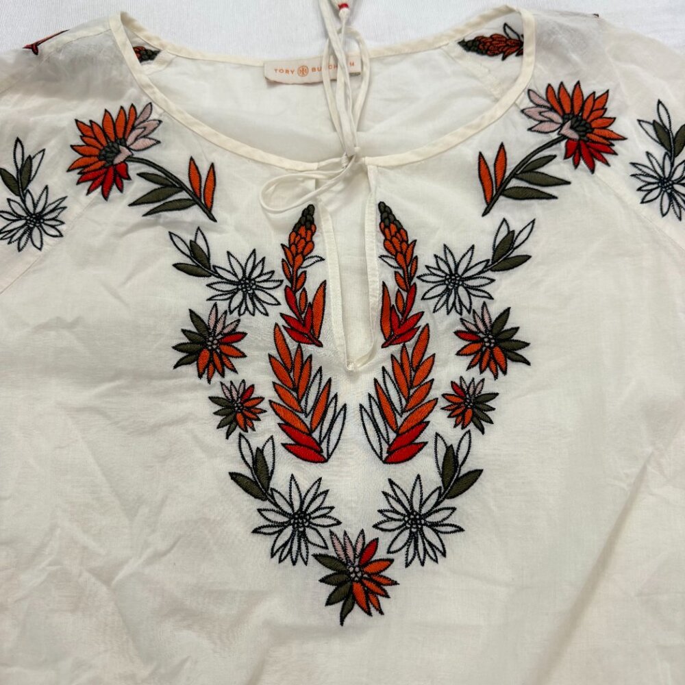Tory Burch Embroidered Floral Tassel Tie Peasant Blouse Ivory Cotton Size 14 - Picture 8 of 8